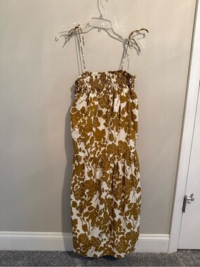 Smocked Tie-Shoulder Floral Midi SunDress in Mustard and White